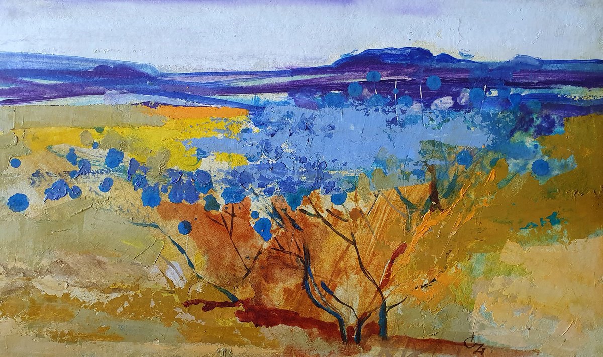 Impressionistic Landscape Oil Painting By Victoria Cozmolici, 21 X 13", Blue Flowers, Original Artwork
