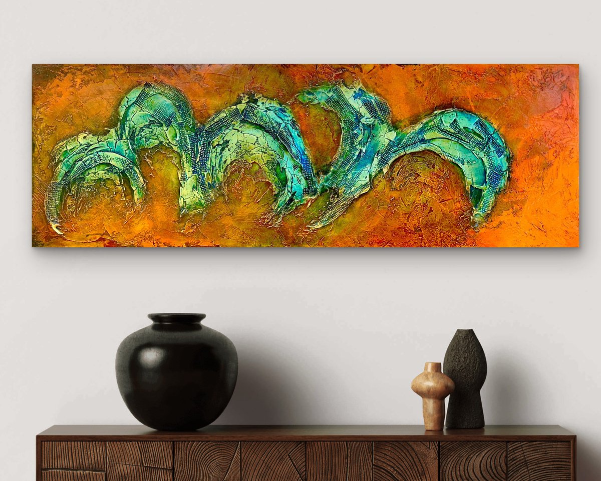 Abstract Acrylic Painting By Andrada Anghel, 48 X 16, Azure Guardians, Original Artwork