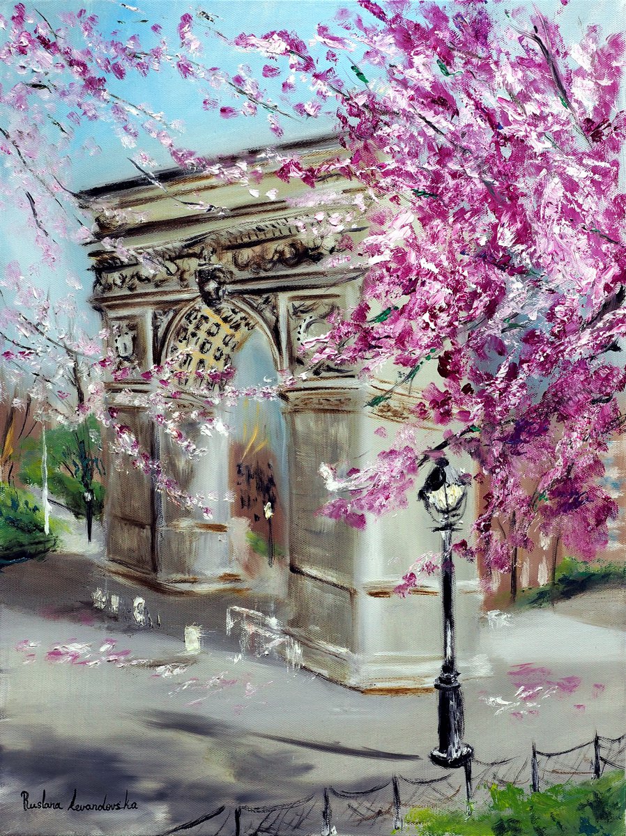 Impressionistic Cityscapes Oil Painting By Ruslana Levandovska, 18 X 24", Cherry Blossoms At Washington Square Park, New York, Artfinder