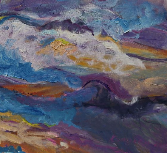 CLOUDS OVER THE CASPEAN SEA - large original impressionistic painting, blue sky landscape, skyscape cloudscape