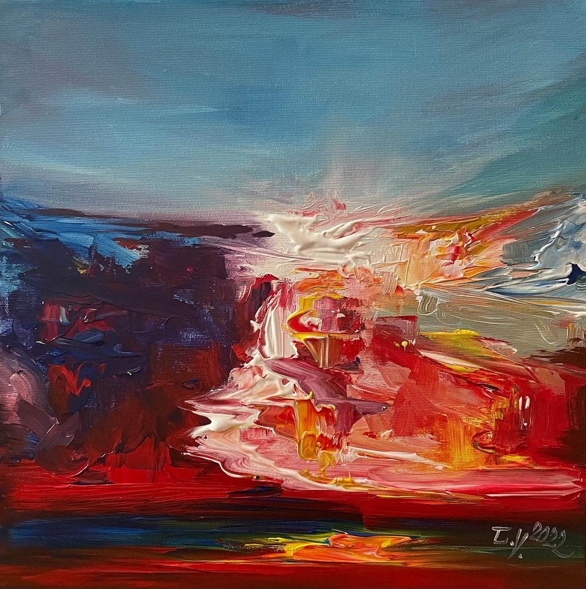 Abstract Landscape Acrylic Painting By Timea Valsami, 16 X 16", Inner Sun Ii, Original Artwork