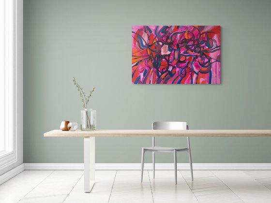 FULL ON- a large scale xxl dynamic red pink expressive abstract painting