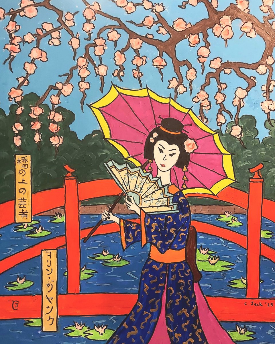 Acrylic Painting , Geisha On Red Bridge By Colin Ross Jack, 20 X 24, Artwork For Sale On Artfinder