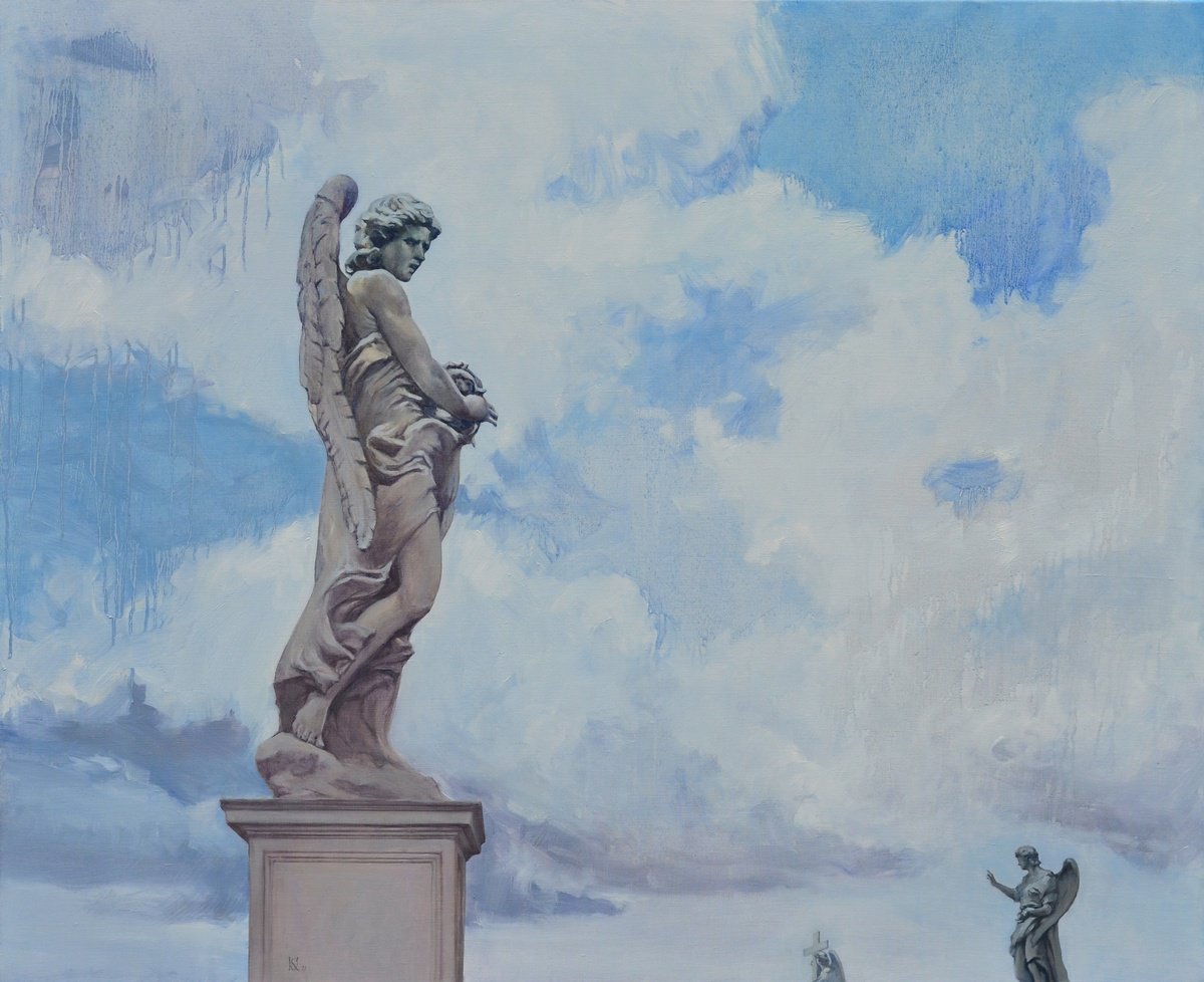 Impressionistic Cityscapes Oil Painting By Oleg Kateryniuk, 43 X 53", Pass By The Angels, Original Artwork