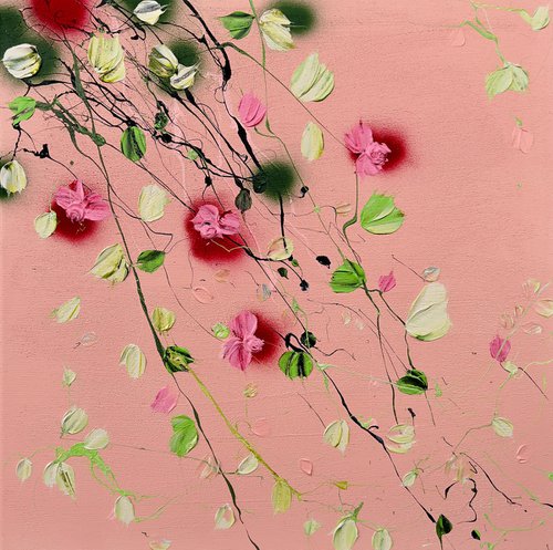 Square acrylic structure painting with flowers "Rose Day II” by Anastassia Skopp