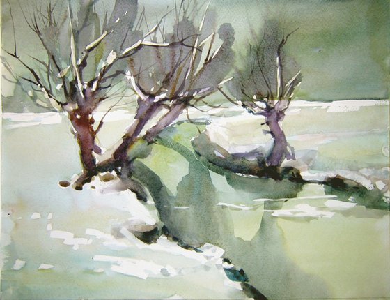 snowscape in green with willows
