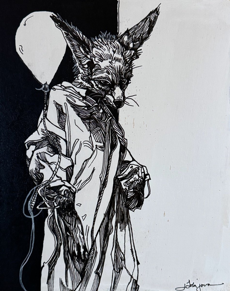 Illustrative Animal Ink Drawing By Lola Jovan, 8 X 10", Listen Says Fox, Original Artwork