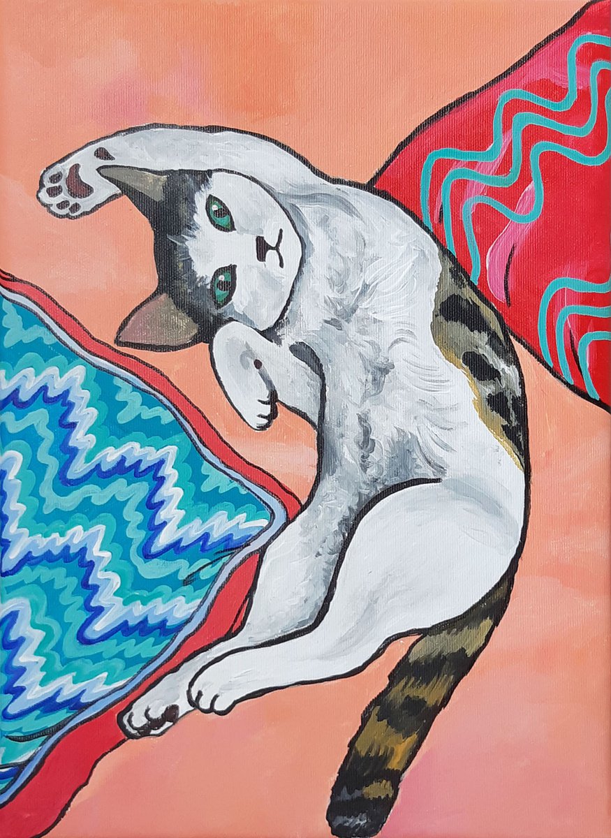Kitten In Bed Maximalist Modern Matisse-Inspired Original Painting by Alexandra Dobreikin