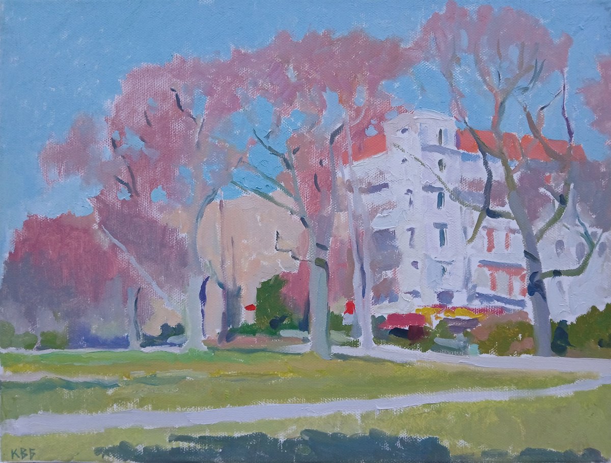 Impressionistic Cityscapes Oil Painting By Vasyl Koval, 16 X 12", Sanny Day On Turmstrasse, Original Artwork