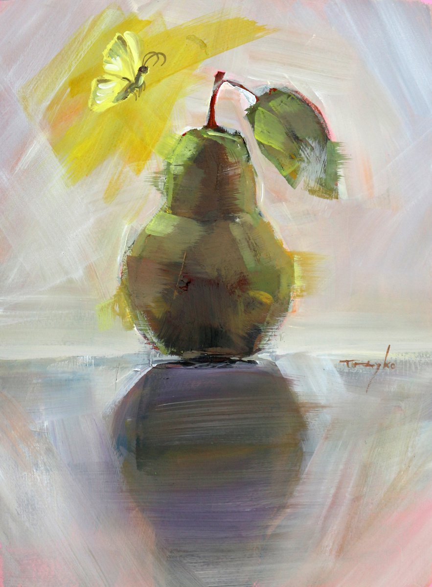 Expressive Still Life Acrylic Painting By Trayko Popov, 9 X 12", Pear | Butterfly | Sky, Original Artwork