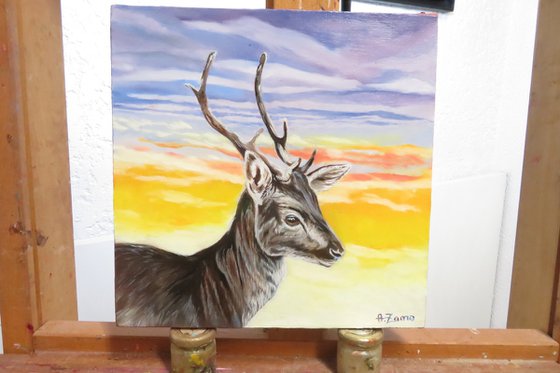 Young fallow deer, Original Oil Painting of Anne Zamo