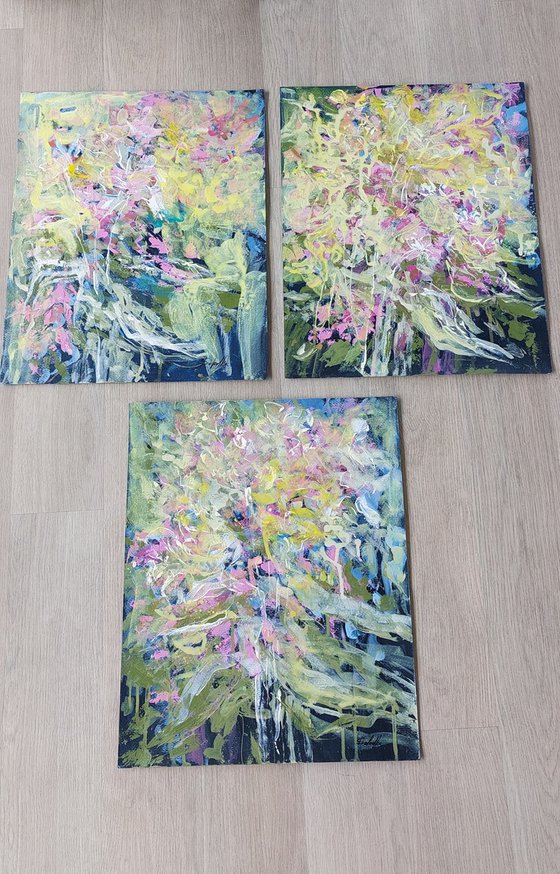 Abstract Floral Triptych on Paper