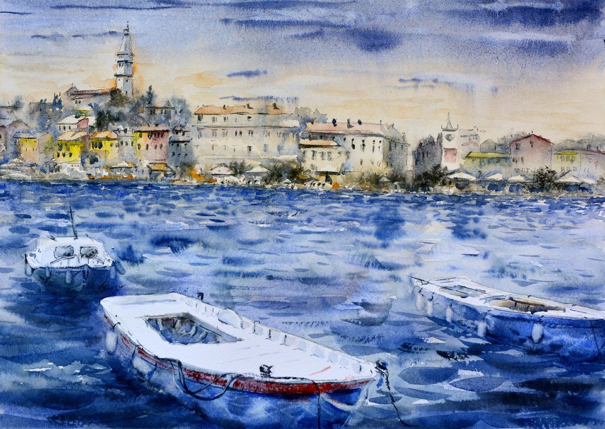 Rovigno old town skyline with boats Croatia 25x36cm 2022 by Nenad Kojic watercolorist
