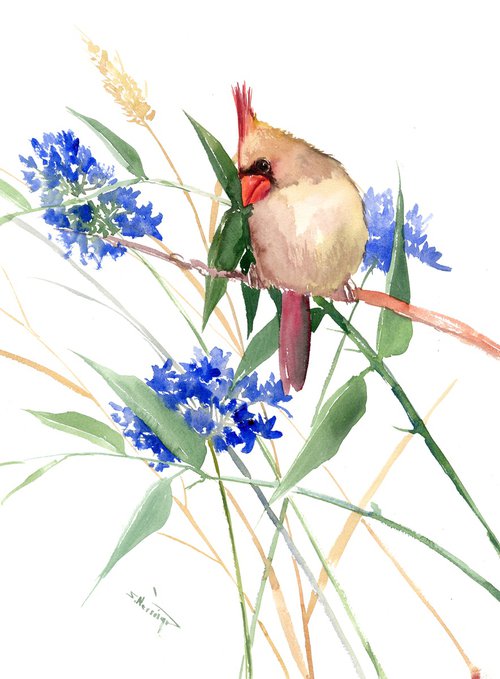 Female Cardinal Bird and field flowers by Suren Nersisyan