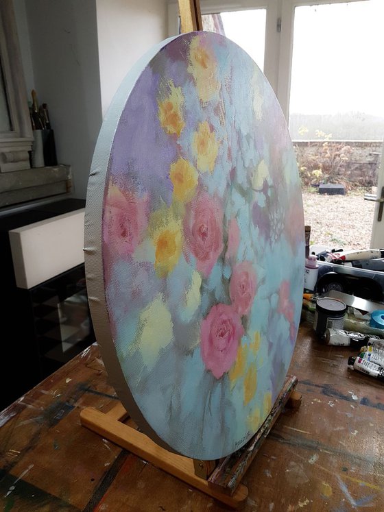 Romantic floral tondo - atmospheric abstract on circular canvas