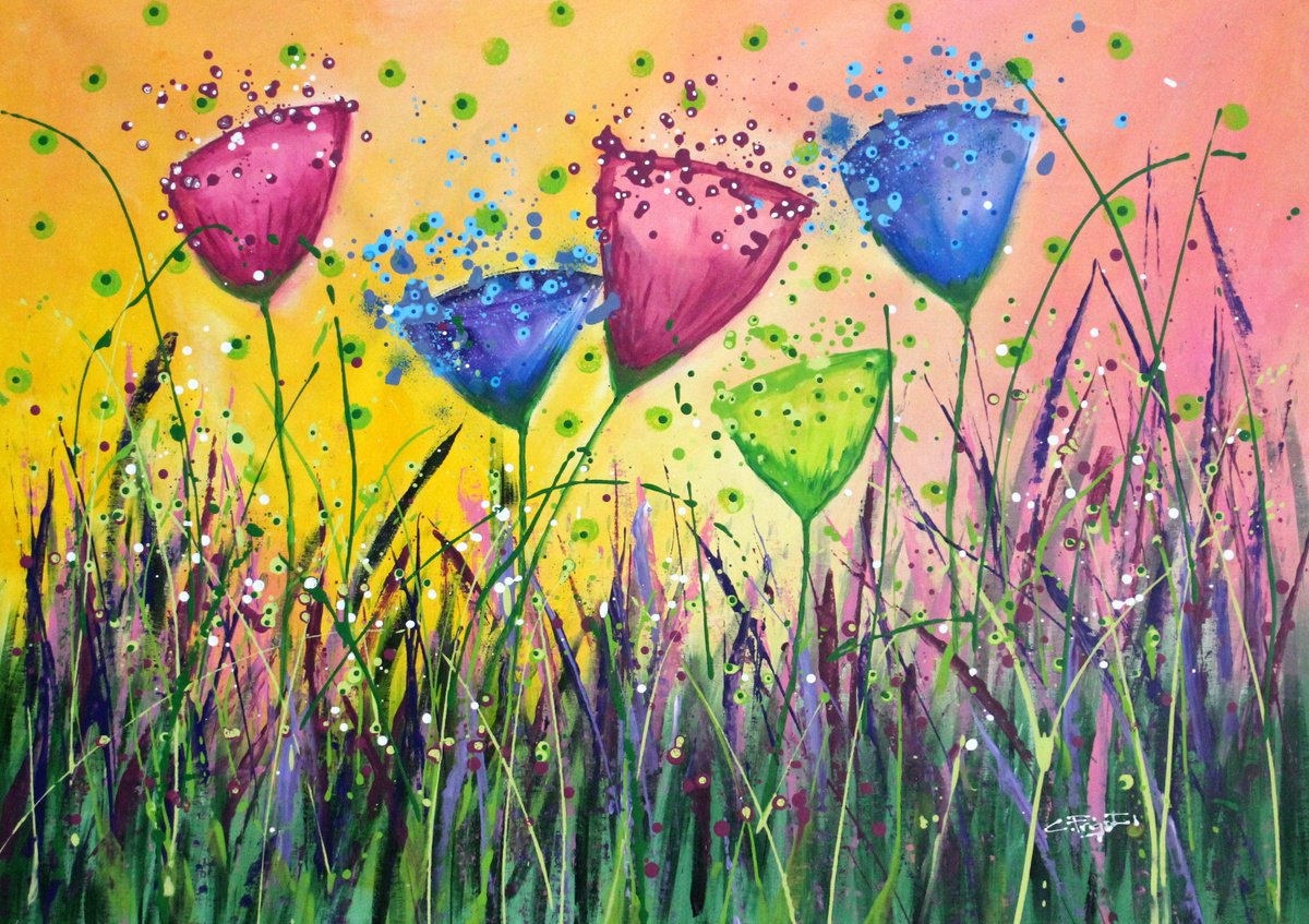 Organic Botanical Acrylic Painting By Cecilia Frigati, 39 X 29, Young Folks #10, Original Artwork