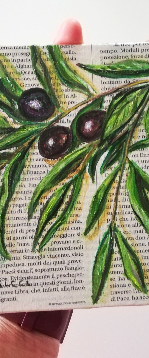 "Olives Branch on Newspaper" by Katia Ricci