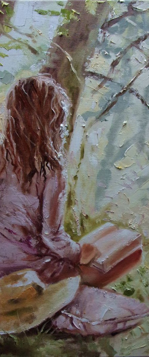 " SPRING STORY "  original OIL painting palette knife reading book GIFT MODERN URBAN ART OFFICE ART DECOR HOME DECOR GIFT IDEA by Monika Luniak