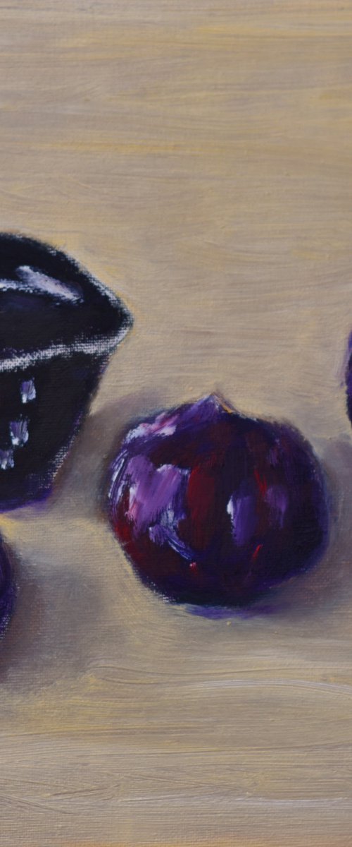 Three plums with japanese tea cup by Elena Zapassky