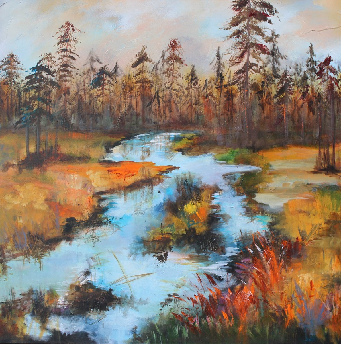 Impressionistic Landscape Acrylic Painting By Niyati Jiwani, 36 X 36", Distant Call, Original Artwork