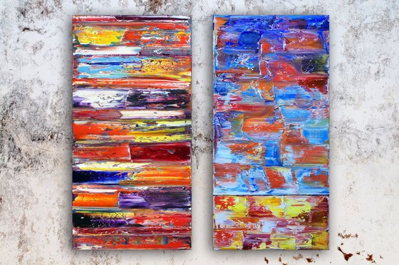 "Fire And Ice" - Save As Series - Original Extra Large PMS Abstract Diptych Oil Paintings On Canvas - 48" x 48"