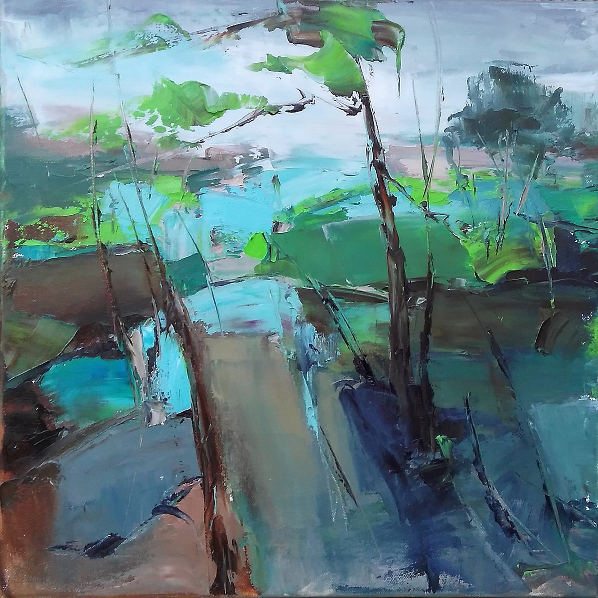 WIND TAKING SPRING AWAY, 40x40cm, blue fields landscape by Emilia Milcheva