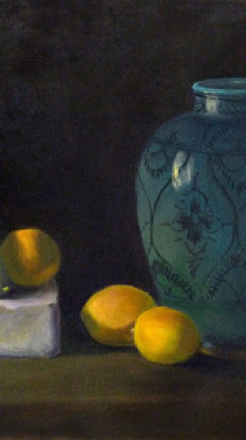 Turquoise Vase with Pear and Lemons by Elizabeth B. Tucker