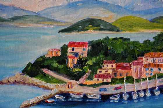 Ships seascape large oil painting on canvas, Greece panorama, coastal home decor