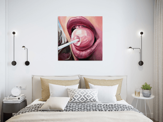 CHUPA CHUPS - original oil painting, pink, lips, gift, home decor, office decor, wall art,