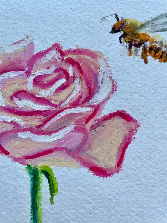 Rose Original Oil Pastel Painting, Bee Illustration, Valentines Day Gift for Her, Cottagecore Wall Art