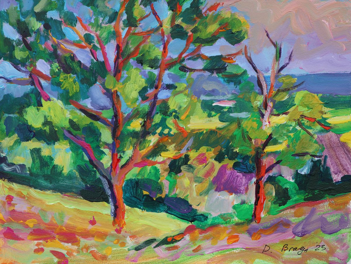 Expressive Landscape Acrylic Painting By Dima Braga, 16 X 12, Summer In A Countryside, Original Artwork