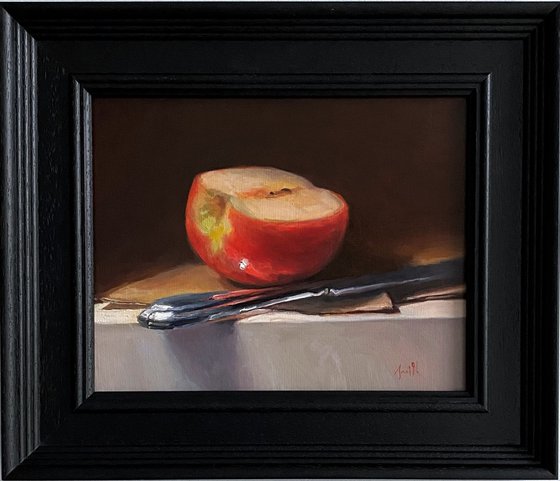 Apple Half, with Silver Knife; Framed & ready to hang home decor gift oil painting.