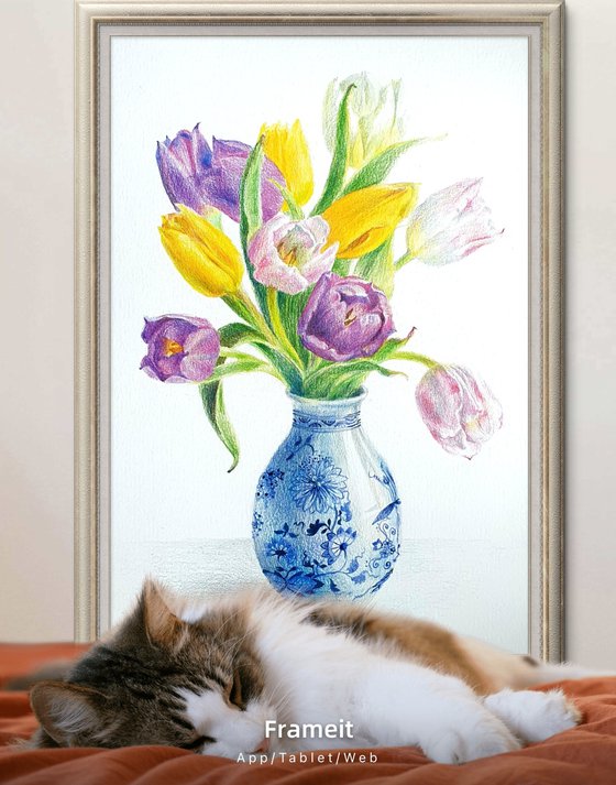 Realism yellow violet tulips in delft vase.