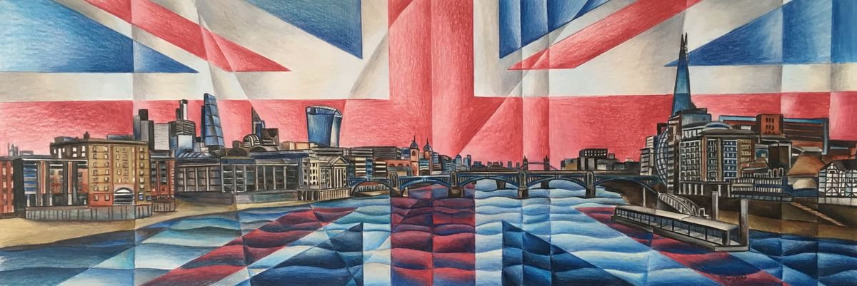 Geometric Cityscapes Pencil Drawing By Tiffany Budd, 28 X 12", From The Millennium Bridge, Original Artwork