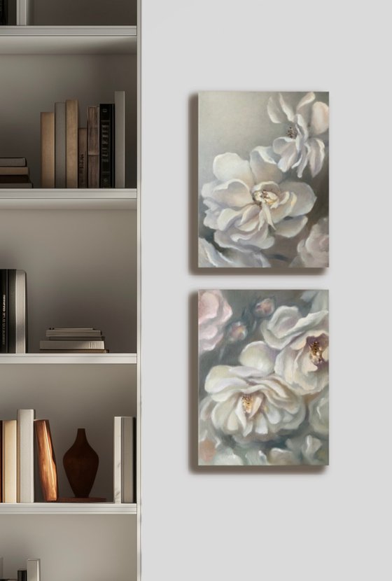 White Roses Petals diptych