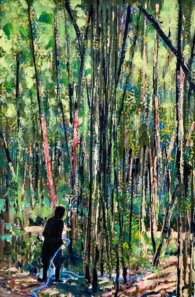 Impressionistic Landscape Acrylic Painting By John Cottee, 20 X 31, Ninja With Hose, Original Artwork