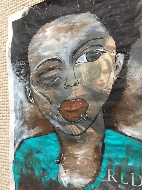 Hidden Faces Acrylic on Newspaper Face Art Woman of Colour Portrait 37x29cm Gift Ideas Original Art Modern Art Contemporary Painting Abstract Art For Sale Buy Original Art Free Shipping