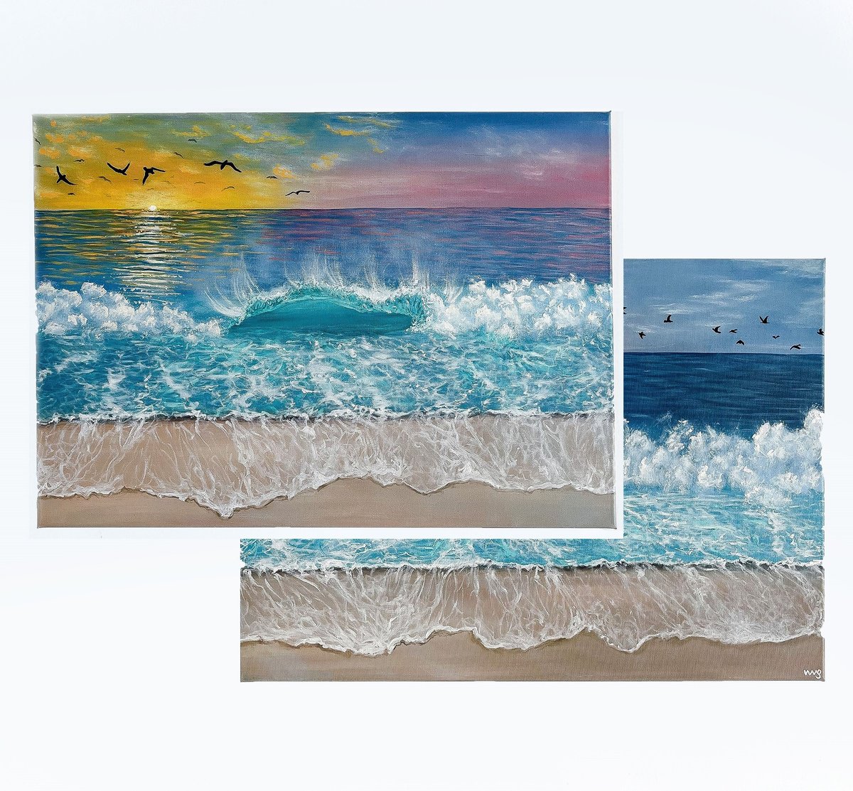 Photorealistic Landscape Oil Painting By Sarah Vms Art, 55 X 20", Beach Sunset, Original Artwork