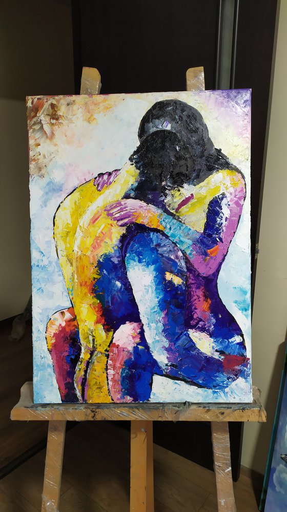 My heart can't tell you No, erotic nude couple in love oil painting