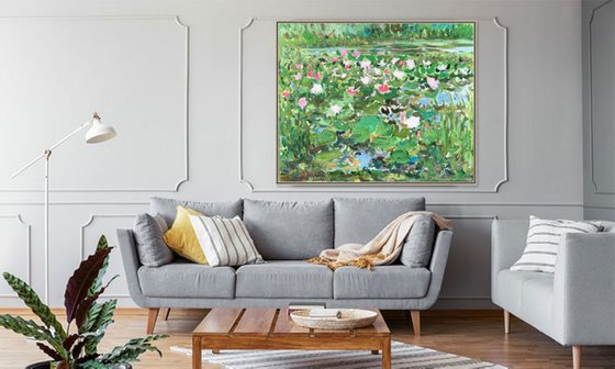 NOON ON THE LAKE, LOTUS - Water lilies, floral landscape,  waterscape, original oil painting, plein air