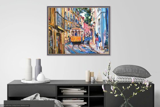 LISBON - landscape art, original oil painting, Lisboa tram, architecture, gift art