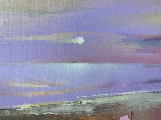 Bright horizontal painting - "Violet sunset" - Landscape - Expressionism - Seascape - Sunset