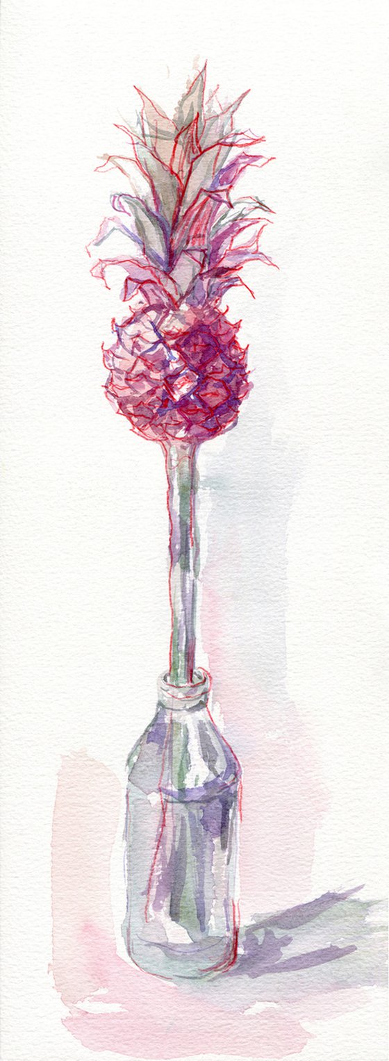 Watercolor painting of pink decorative ananas in bottle