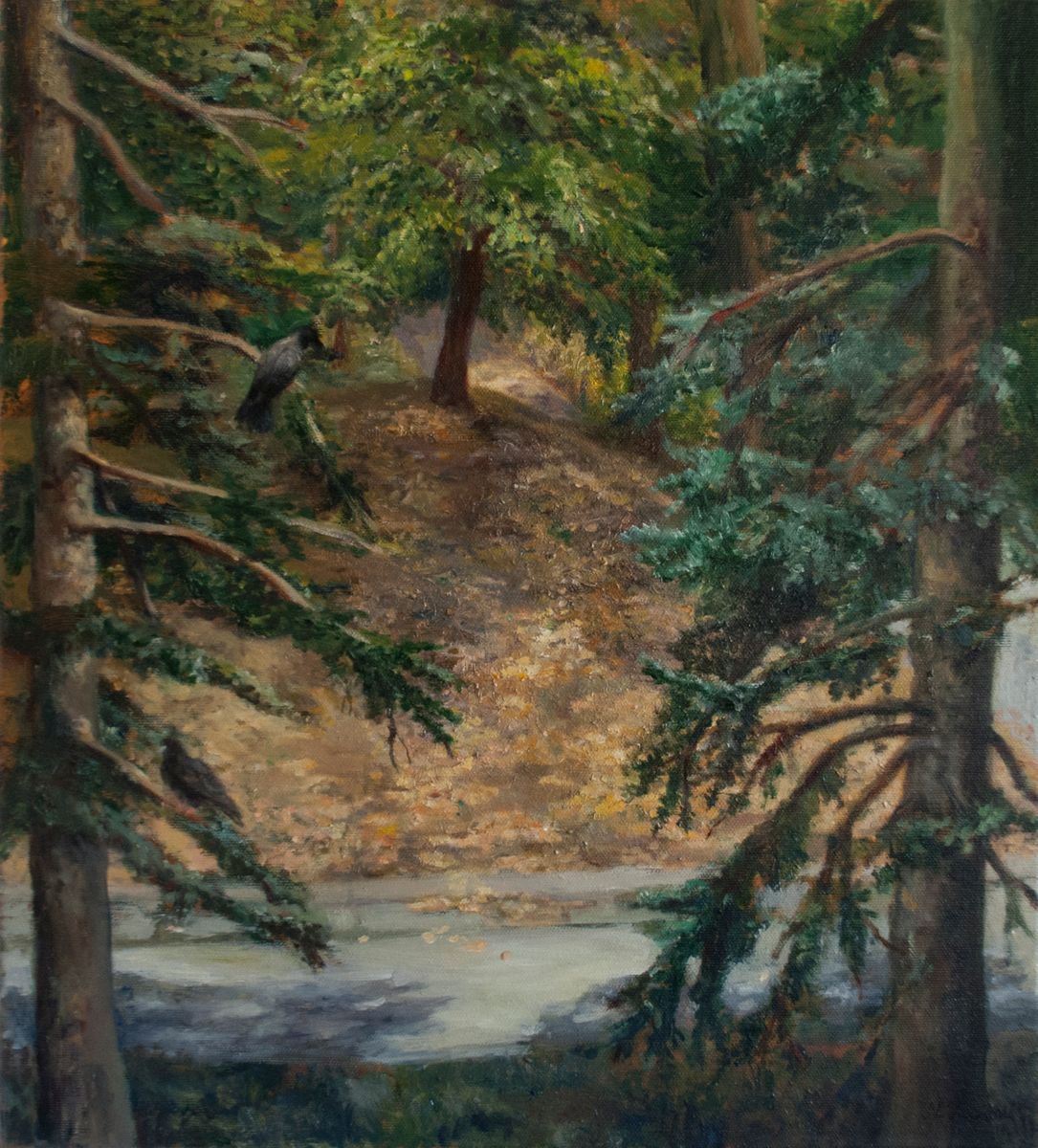 Impressionistic Landscape Oil Painting By Nikola Ivanovic, 18 X 20", The Crow, Original Artwork