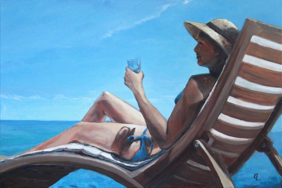 "Lady with a hat on blue ..."   ORIGINAL PAINTING. SEA SUMMER GIFT SEA SWIMMING