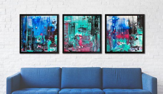 "Night Walkers" - Save As A Series - Original PMS Abstract Triptych Acrylic Paintings On Plexiglass, Framed - 78" x 26"