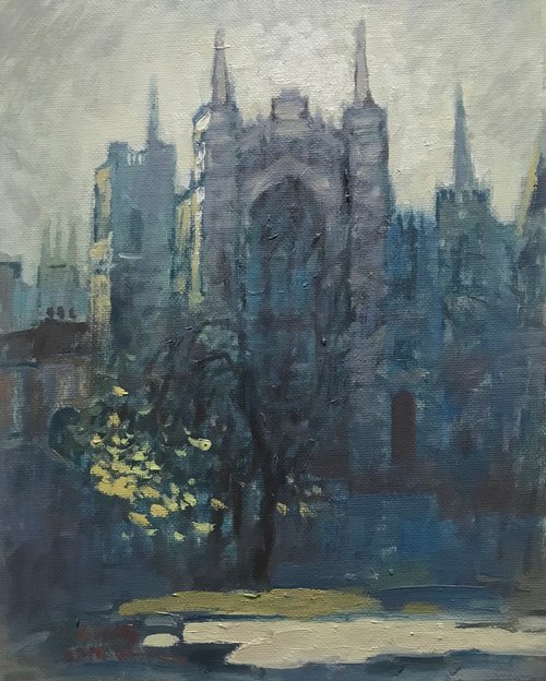 Original Oil Painting Wall Art Signed unframed Hand Made Jixiang Dong Canvas 25cm × 20cm Landscape Twilight Serenade at York Minster Small Impressionism Impasto by Jixiang Dong