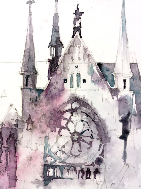 "Gothic cathedral towers in Apeldoorn, Netherlands" architectural landscape - Original watercolor painting