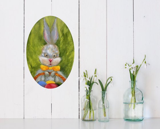 Easter Bunny with eggs - Small ellipse canvas - Funny gift idea