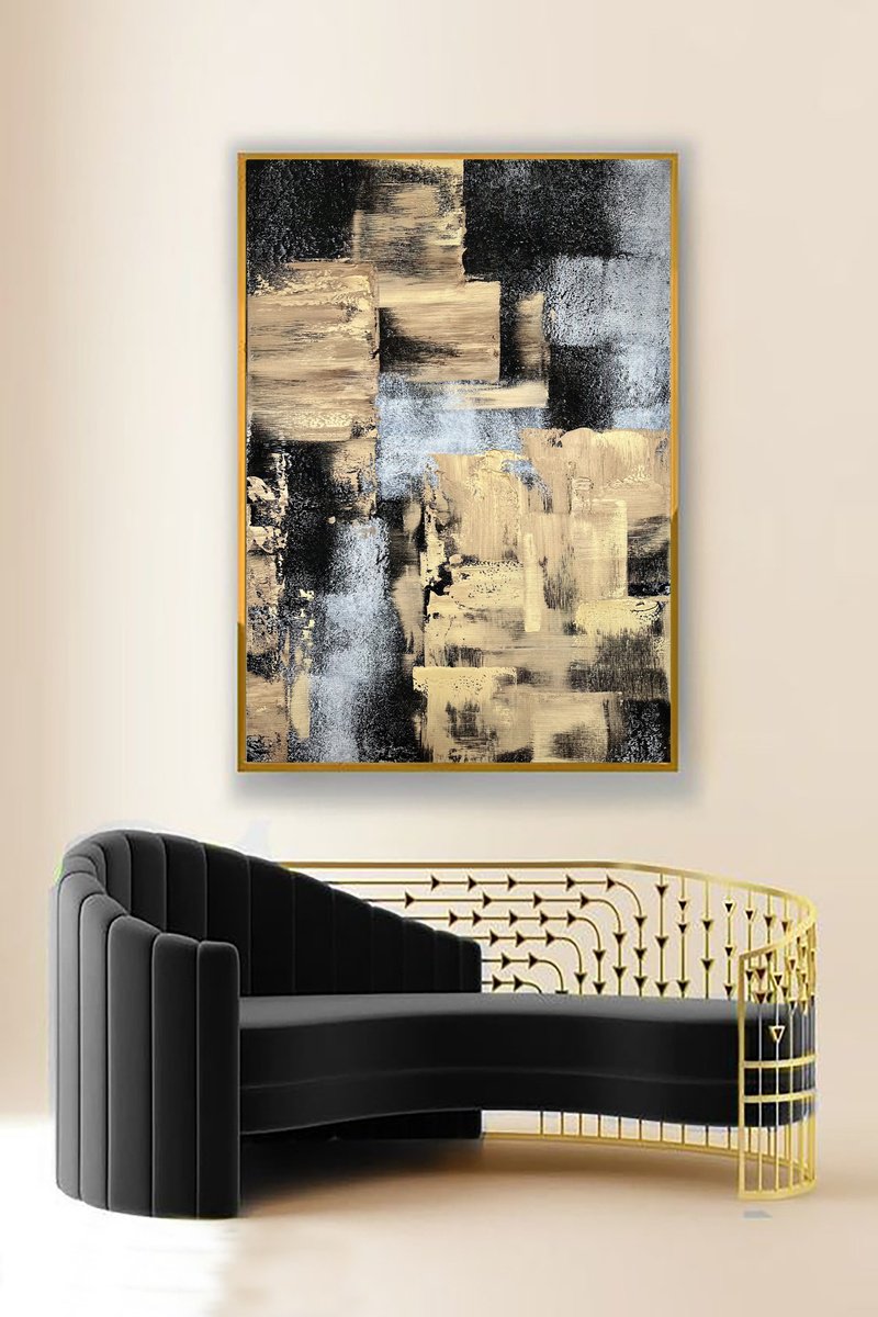Black Gold Gray Abstract on canvas. Acrylic painting by Marina Skromova